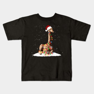 Giraffe Wearing Santa Hat Xmas Lights Merry Christmas Kids T-Shirt